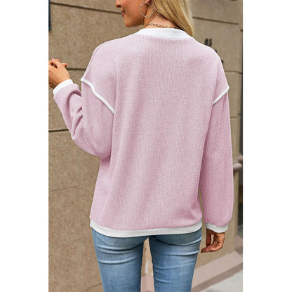 Attraco Women's Contrast Trim Henley Neck Long Sleeve Knit Top