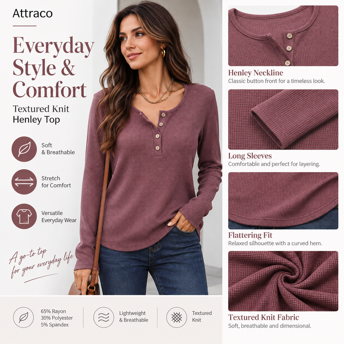 Attraco Women's Textured Knit Long Sleeve Henley Top Casual Button Front Shirt Soft Stretch Pullover