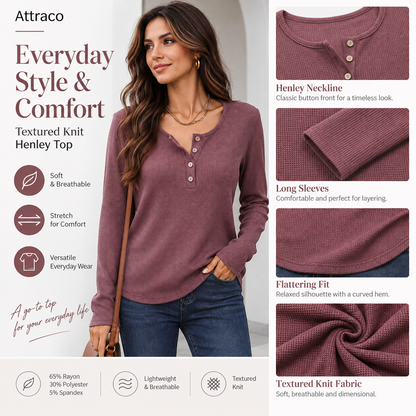 Attraco Women's Textured Knit Long Sleeve Henley Top Casual Button Front Shirt Soft Stretch Pullover