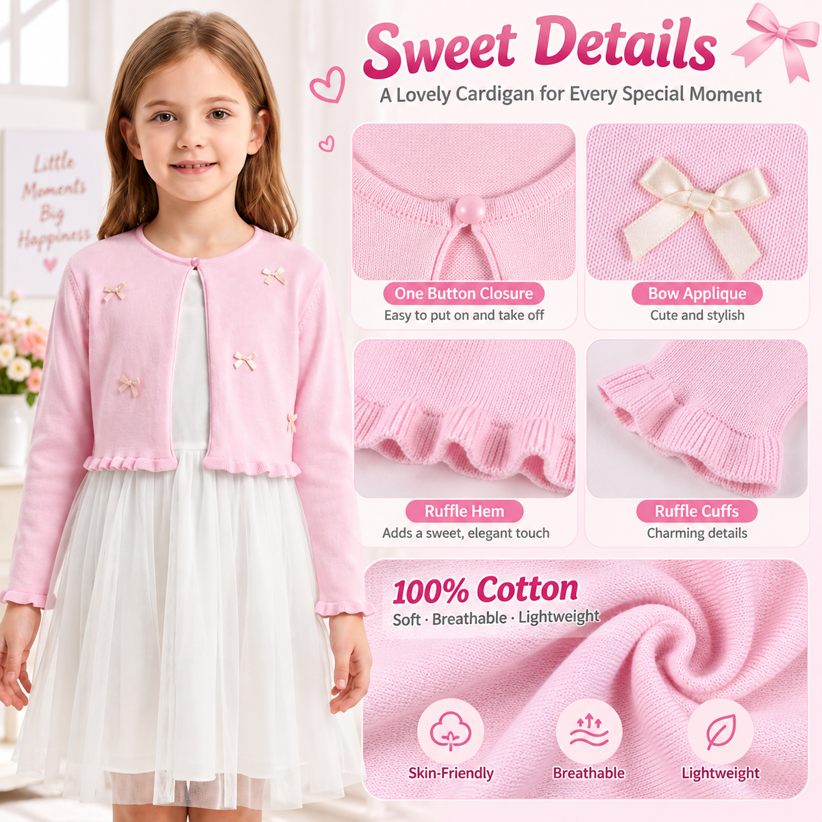 Attraco Girls' 100% Cotton Bow Knit Cardigan Sweater, Long Sleeve Crewneck Ruffle Hem Cropped Bolero Shrug 5-12Years