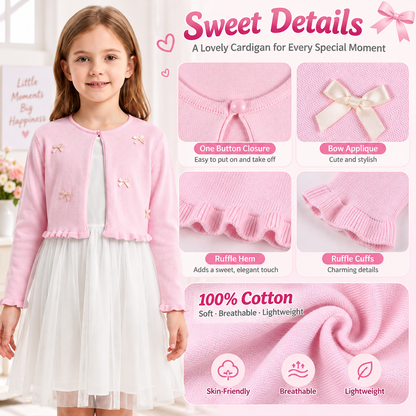 Attraco Girls' 100% Cotton Bow Knit Cardigan Sweater, Long Sleeve Crewneck Ruffle Hem Cropped Bolero Shrug 5-12Years