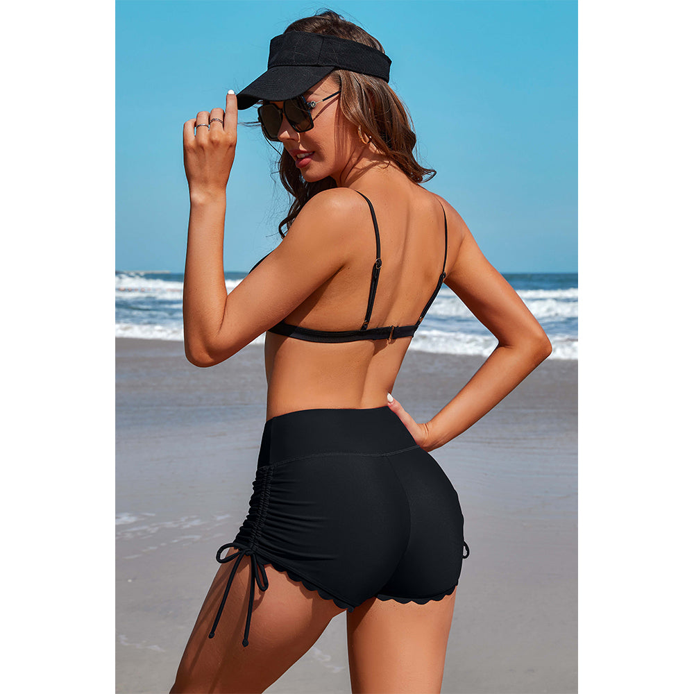 Charmo Women's High-Waist Scalloped Swim Shorts Adjustable Ties & Comfortable Coverage Swimming Bottom