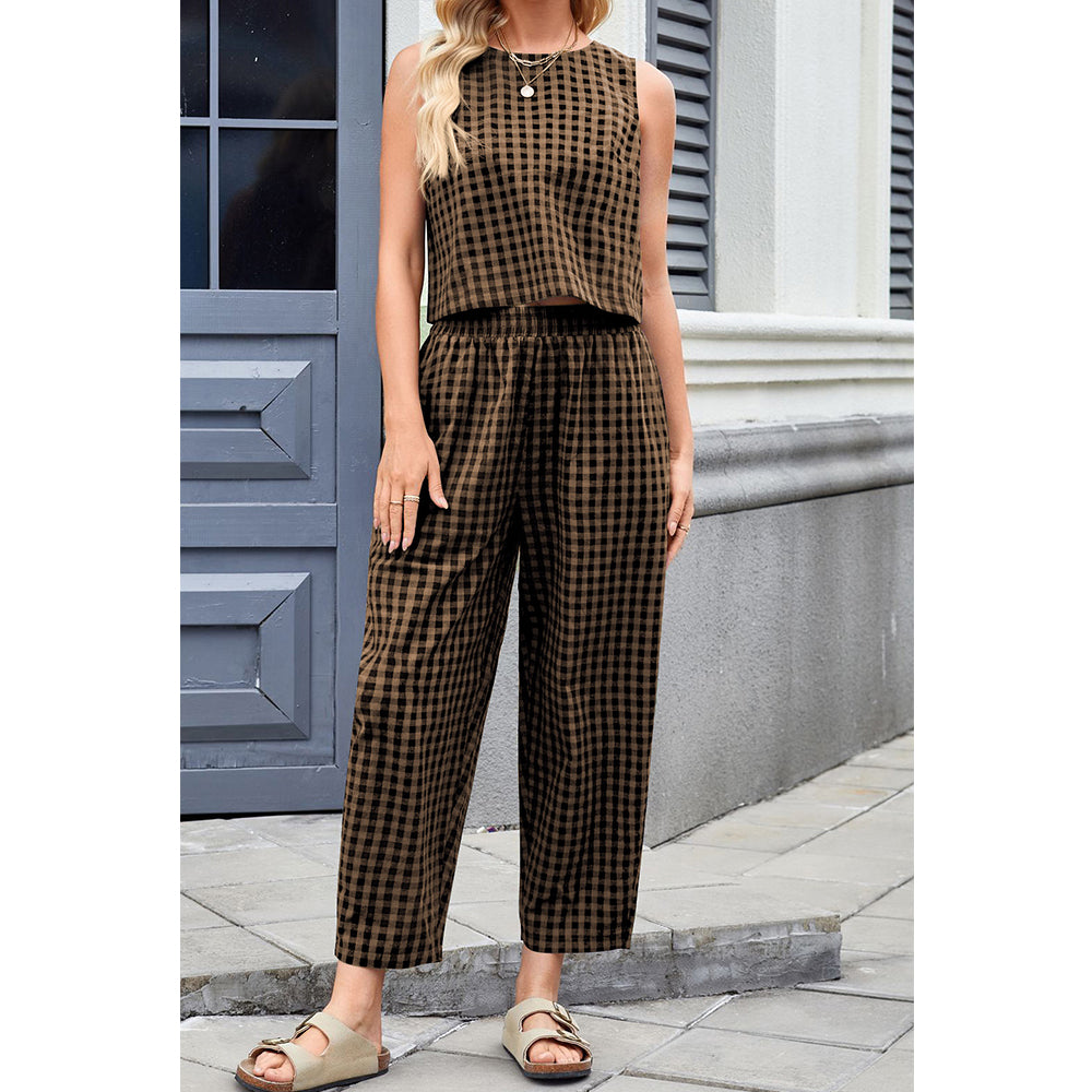 Attraco Women Sleeveless Cropped Top 2 Piece Gingham Loungewear Set Elastic Waist Pocket Wide Leg Cropped Pants Sets