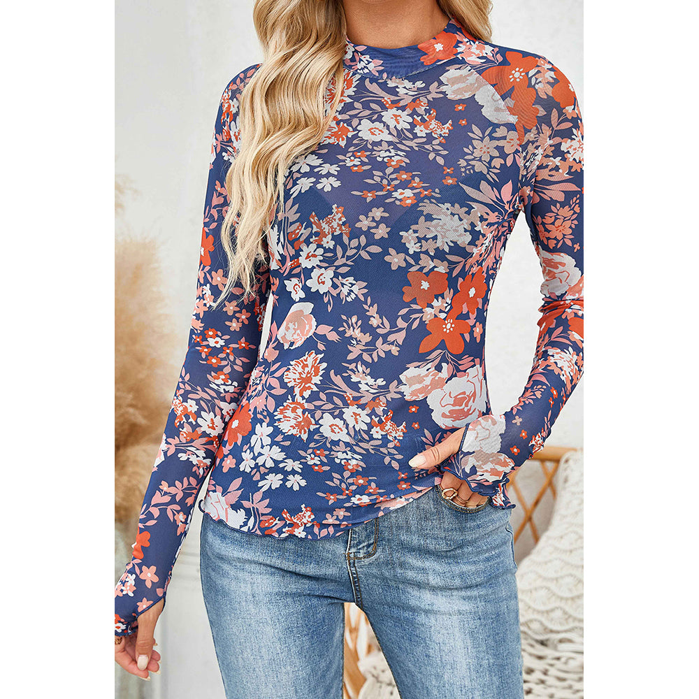 Attraco Women's Floral Print Mock Neck Long Sleeve Sheer Mesh Tops Spring Shirt
