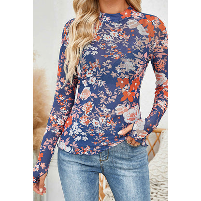 Attraco Women's Floral Print Mock Neck Long Sleeve Sheer Mesh Tops Spring Shirt