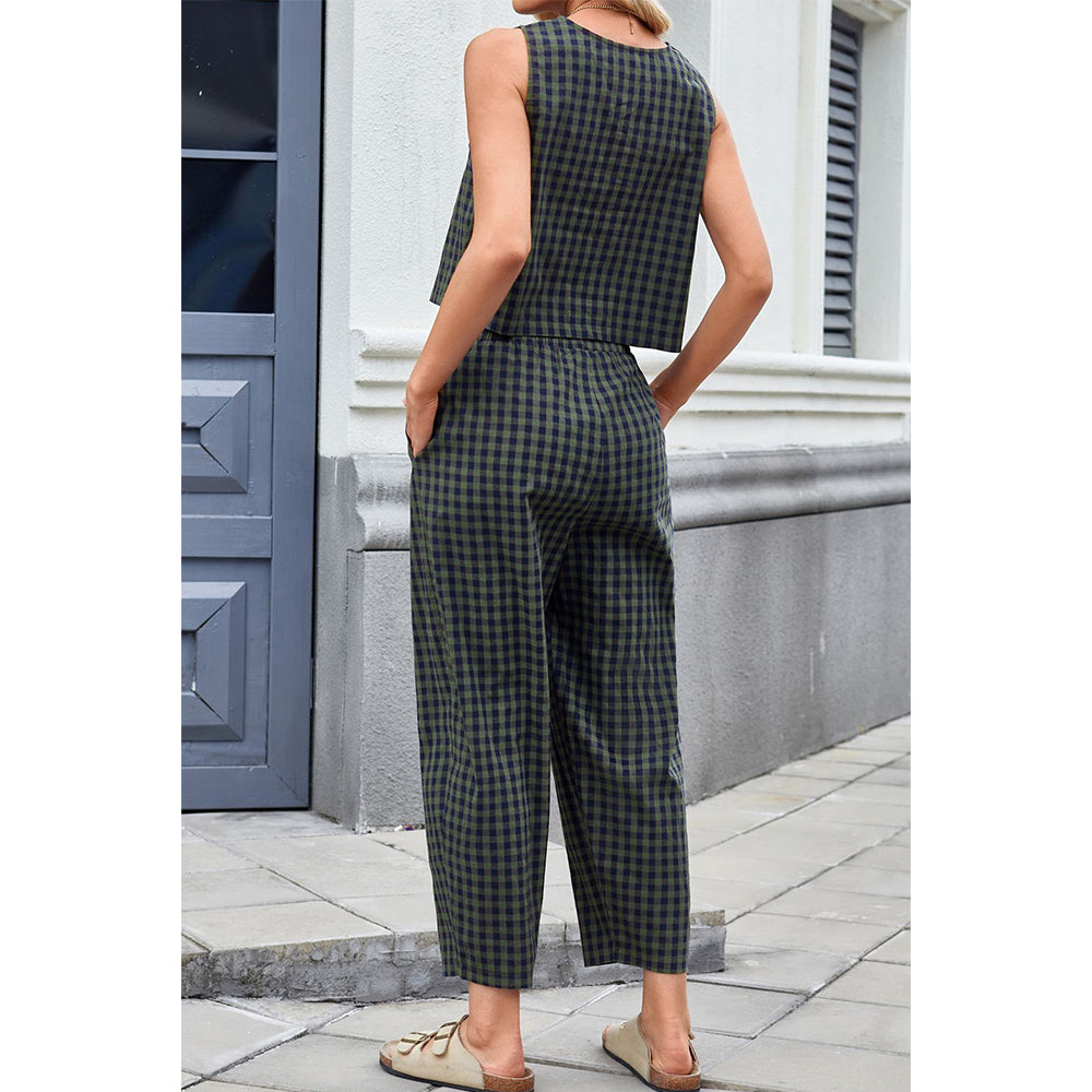 Attraco Women Sleeveless Cropped Top 2 Piece Gingham Loungewear Set Elastic Waist Pocket Wide Leg Cropped Pants Sets