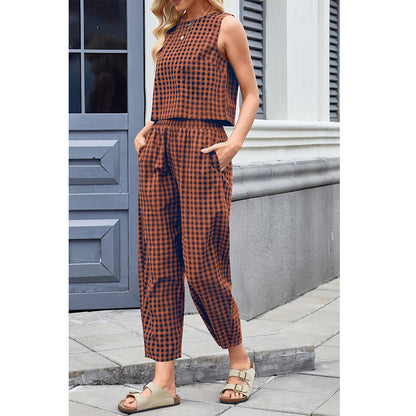Attraco Women Sleeveless Cropped Top 2 Piece Gingham Loungewear Set Elastic Waist Pocket Wide Leg Cropped Pants Sets