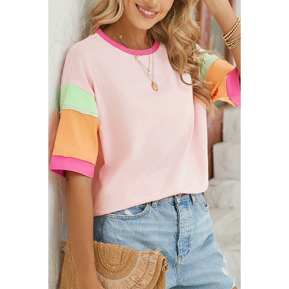 Attraco Women's Oversized Color Block Half-Sleeve Drop-Shoulder Blouse Summer T-shirt