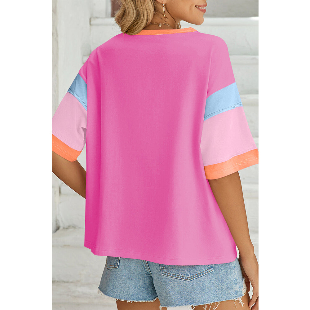 Attraco Women's Oversized Color Block Half-Sleeve Drop-Shoulder Blouse Summer T-shirt