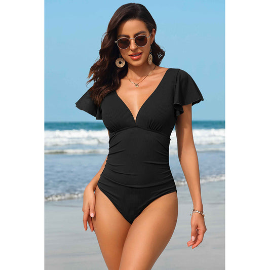 Charmo Women's Ruffled Flutter Sleeve Deep V Neck Backless One Piece Swimsuit Tummy Control Bathing Suit