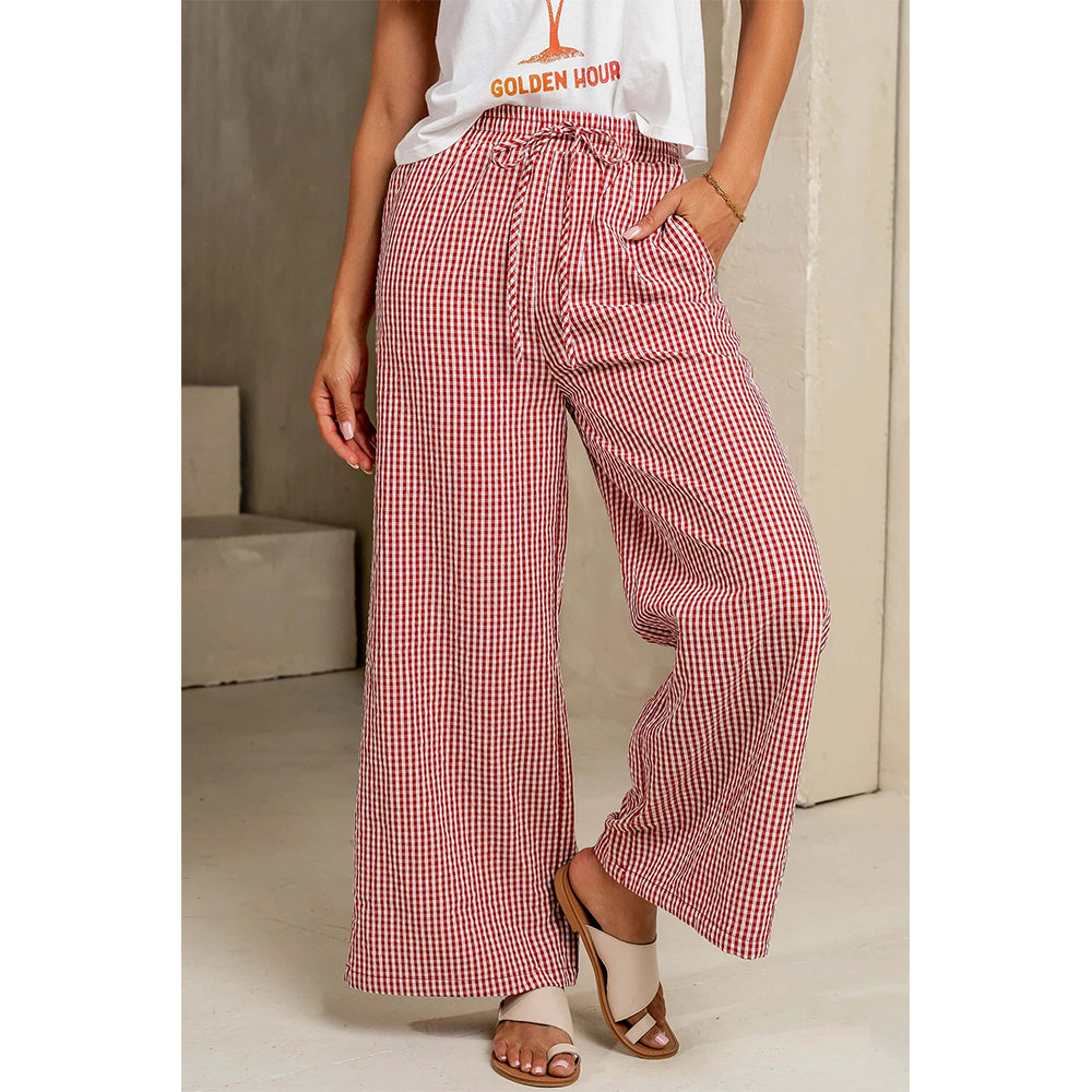 Attraco Women's Gingham Wide Leg Pants with Drawstring Waist & Pockets