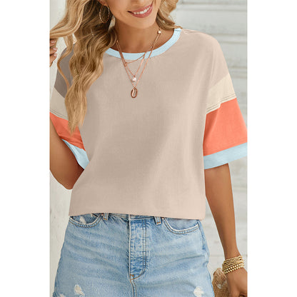 Attraco Women's Oversized Color Block Half-Sleeve Drop-Shoulder Blouse Summer T-shirt