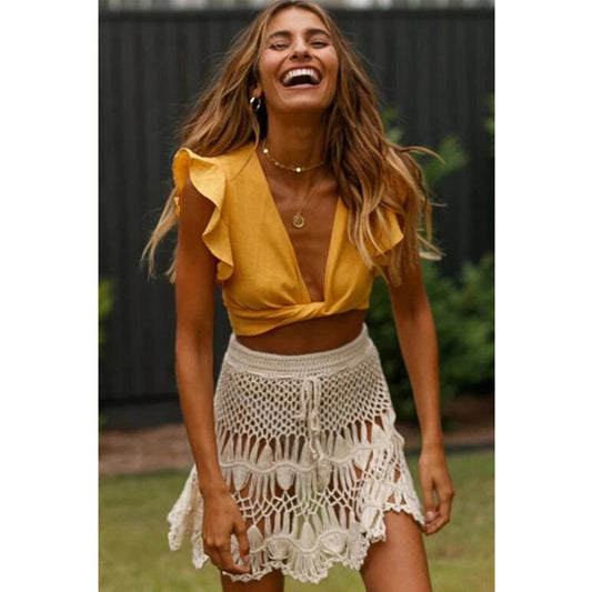 Charmo Women's Crochet Sheer Swimsuit Beach Mini Skirt Cover Ups Skirt