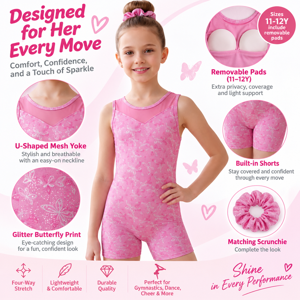 Charmo Girls Sleeveless Gymnastics Unitard, Glitter Butterfly Dance Outfit with Mesh Yoke & Matching Scrunchie Gymnastics Leotards 5-12Years