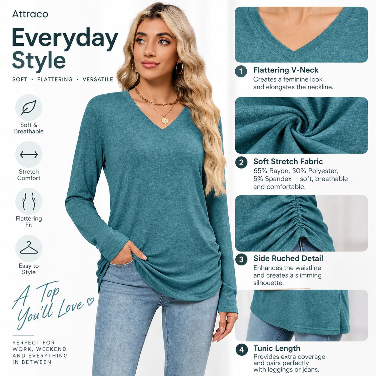 Attraco Women's Long Sleeve V Neck Tunic Top Side Ruched Casual Stretch Shirt for Leggings