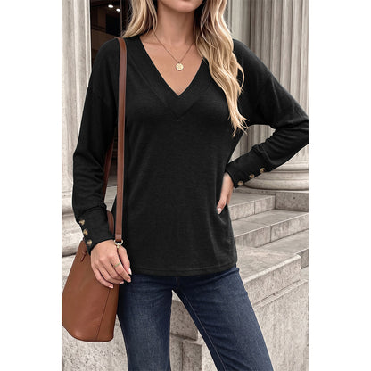 Attraco Women's Brushed V-Neck Long Sleeve Knit Top with Button Cuff Detail