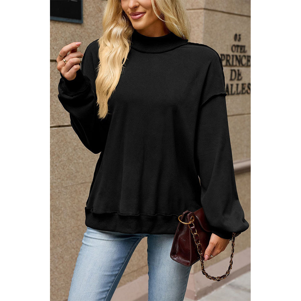Attraco Women's Mock Neck Drop Shoulder Exposed Seam Long Sleeve Sweatshirt Pullover