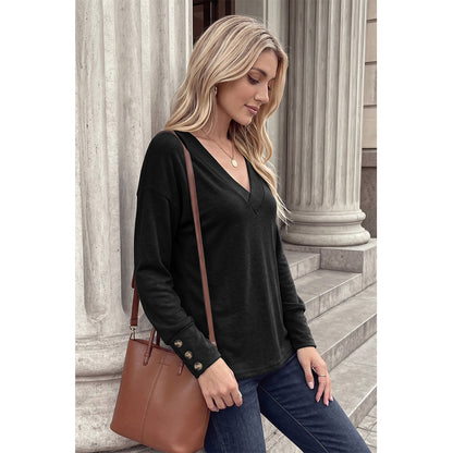 Attraco Women's Brushed V-Neck Long Sleeve Knit Top with Button Cuff Detail