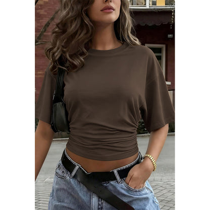 Attraco Women's Crew Neck Short Sleeve Side Ruched Cropped Casual T-Shirt Casual Summer Tops