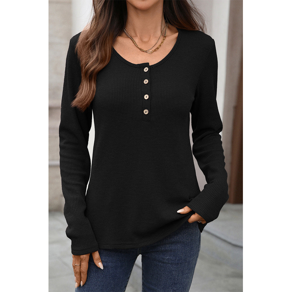 Attraco Women's Long Sleeve Henley Top Textured Knit Casual Shirt with Button Front