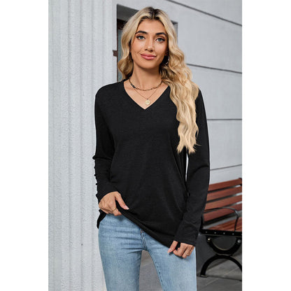 Attraco Women's Long Sleeve V Neck Tunic Top Soft Stretch Casual Shirt with Side Ruched Detail