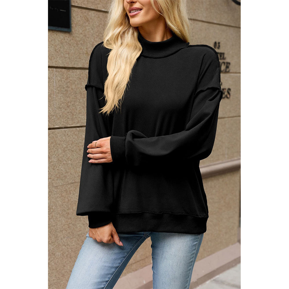 Attraco Women's Mock Neck Drop Shoulder Exposed Seam Long Sleeve Sweatshirt Pullover