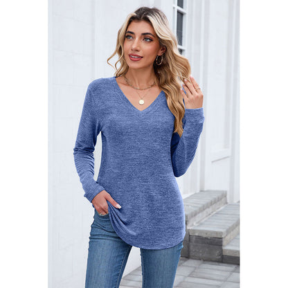 Attraco Women's Long Sleeve V Neck Top Soft Stretch Casual Pullover Shirt with Curved Hem