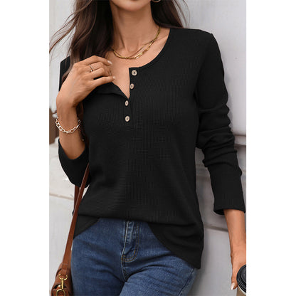 Attraco Women's Long Sleeve Henley Top Textured Knit Casual Shirt with Button Front