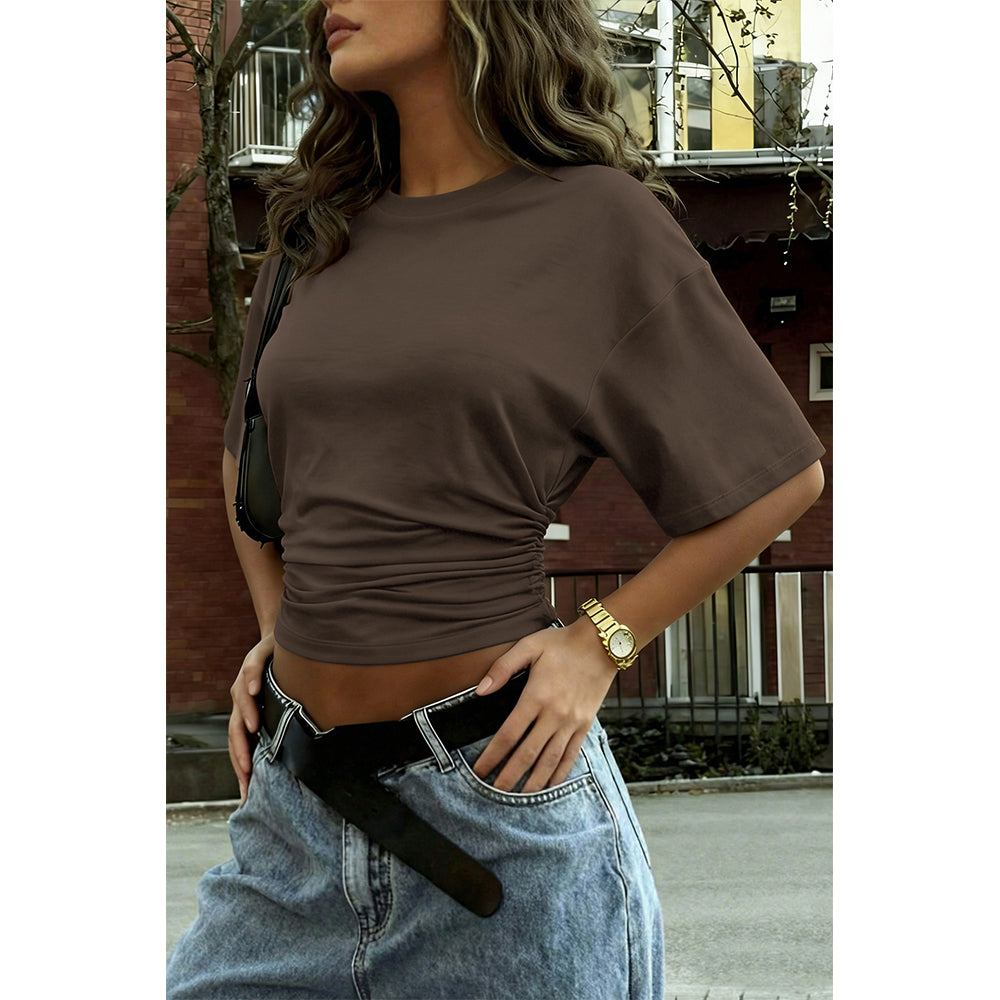 Attraco Women's Crew Neck Short Sleeve Side Ruched Cropped Casual T-Shirt Casual Summer Tops