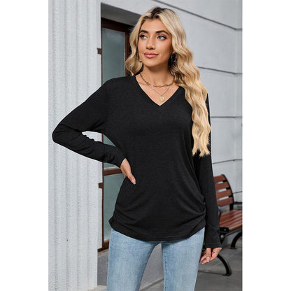 Attraco Women's Long Sleeve V Neck Tunic Top Soft Stretch Casual Shirt with Side Ruched Detail