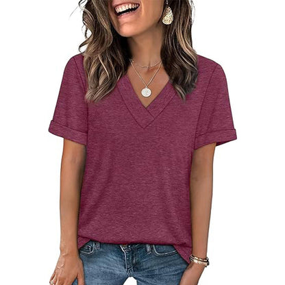 Attraco Women's V-Neck Rolled Cuff Short Sleeve Loose Fit Casual T-Shirt Summer Tops