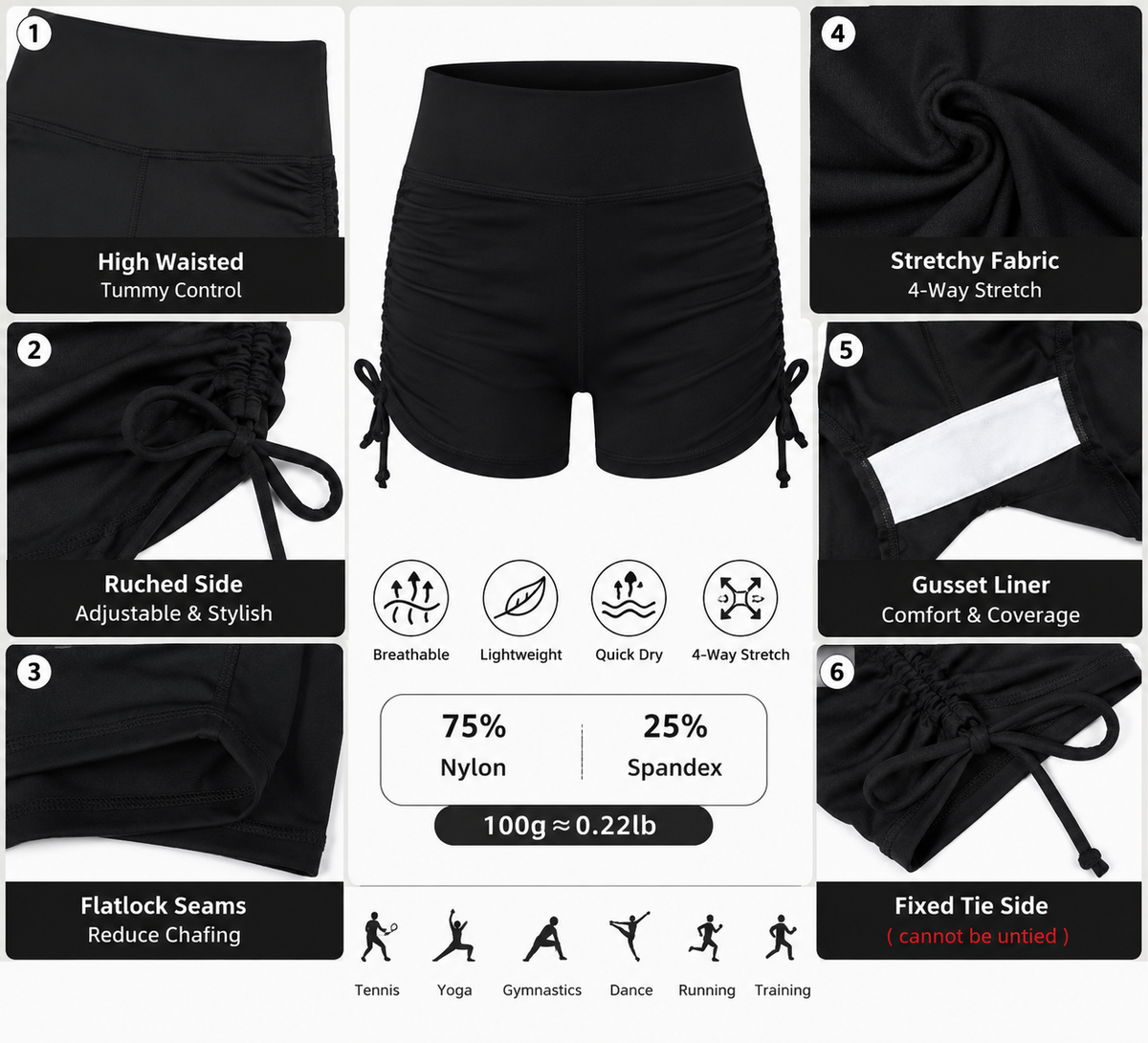 Attraco Girls High Waisted Ruched Biker Shorts with Side Tie, Stretch Athletic Workout Yoga Shorts for Kids