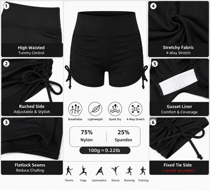 Attraco Girls High Waisted Ruched Biker Shorts with Side Tie, Stretch Athletic Workout Yoga Shorts for Kids