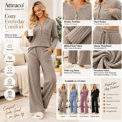 Attraco Women's Ribbed Pajama Set 2 Piece Lounge Set Long Sleeve Henley Top Wide Leg Pants Soft Knit Sleepwear