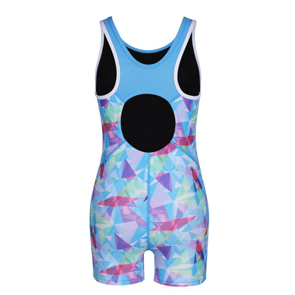Charmo Girls Geometric Blue Print Boyleg One Piece Swimsuit Athletic Bathing Suit Competitive Swimwear Size 7-14 Years