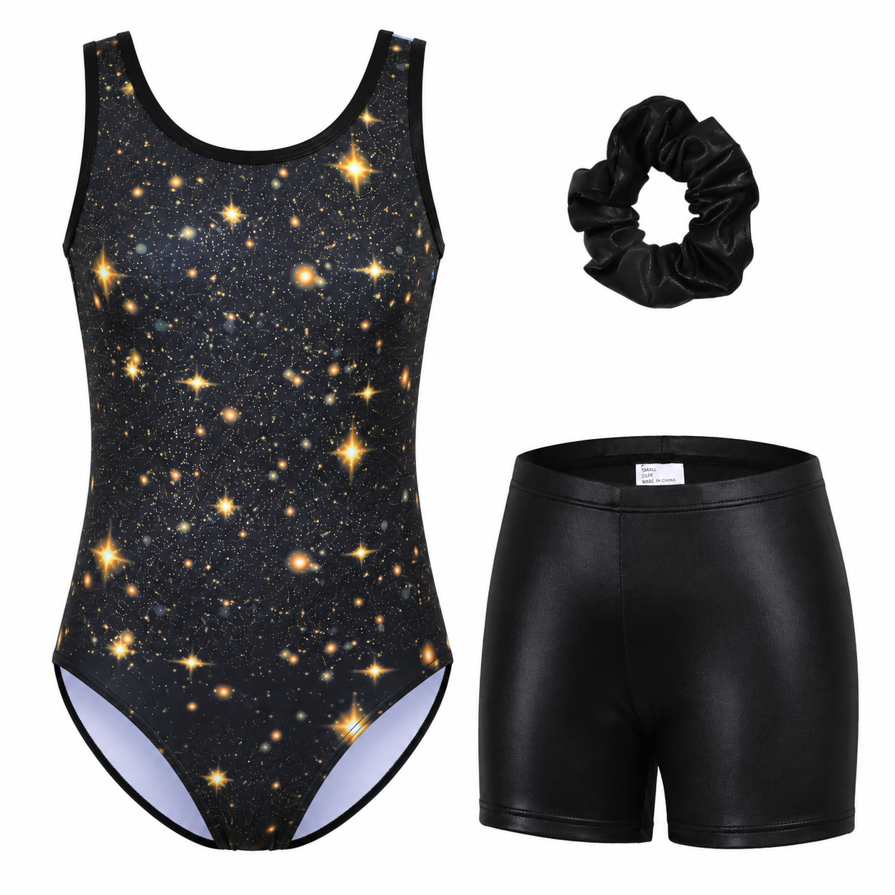 Attraco Girls' Galaxy Print Gymnastics Leotard Set with Shorts & Scrunchie, Sleeveless Dance Ballet Outfit 3 Pieces Set 5-12Years