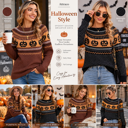 Attraco Women's Halloween Pumpkin Sweater Long Sleeve Crewneck Fair Isle Knit Pullover Fall Cozy Holiday Jumper