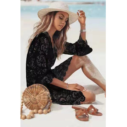 Charmo Women's Flowy Long-Sleeve Lace Cover Up with Deep V-Neck & Self-Tie Waist