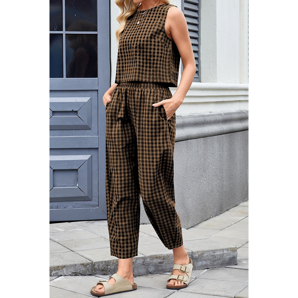 Attraco Women Sleeveless Cropped Top 2 Piece Gingham Loungewear Set Elastic Waist Pocket Wide Leg Cropped Pants Sets