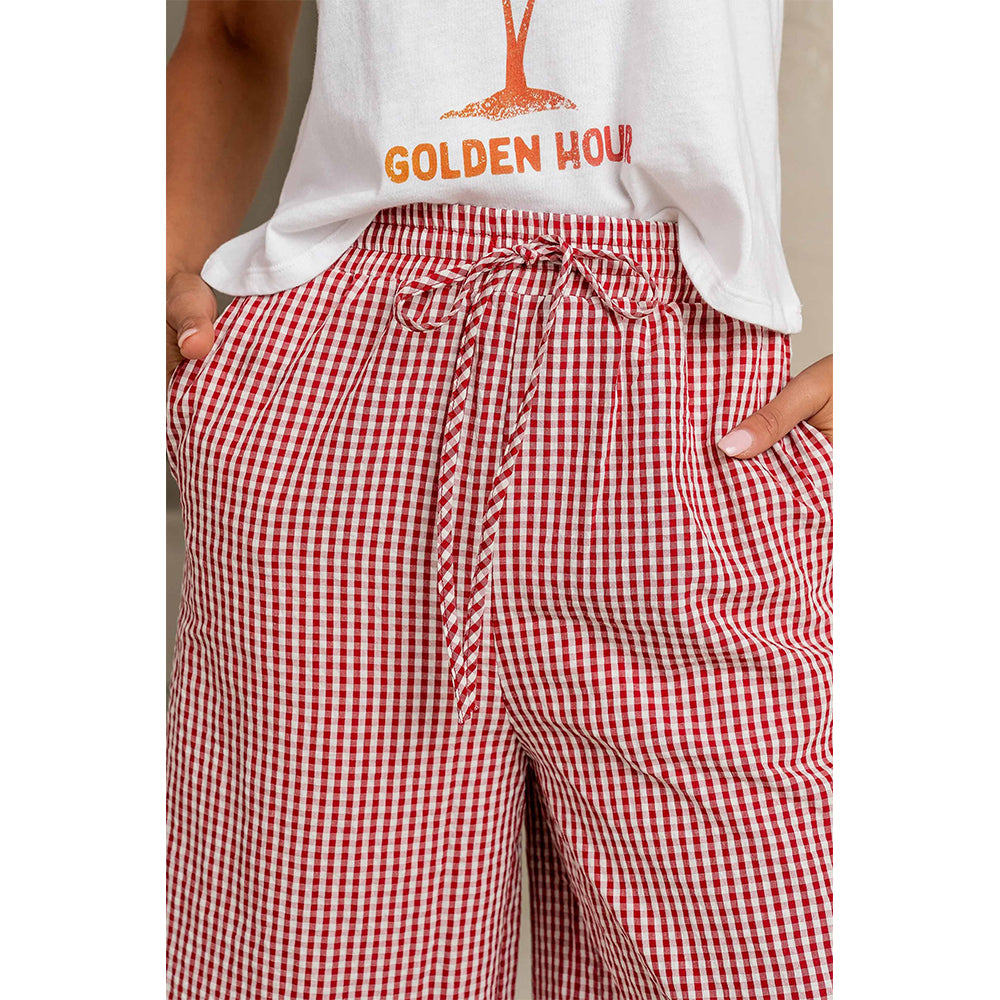 Attraco Women's Gingham Wide Leg Pants with Drawstring Waist & Pockets
