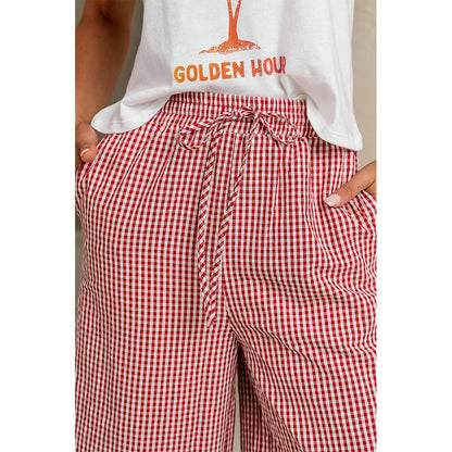 Attraco Women's Gingham Wide Leg Pants with Drawstring Waist & Pockets