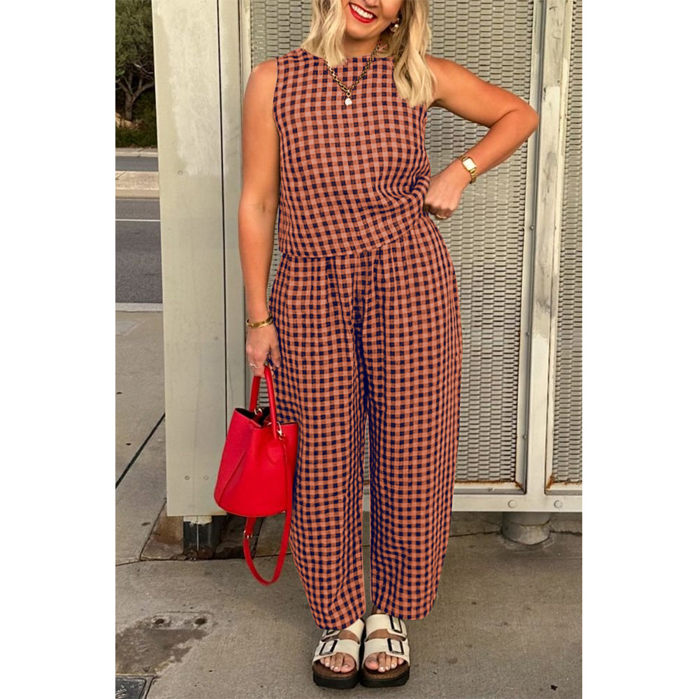 Attraco Women Sleeveless Cropped Top 2 Piece Gingham Loungewear Set Elastic Waist Pocket Wide Leg Cropped Pants Sets