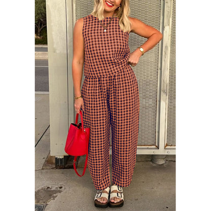 Attraco Women Sleeveless Cropped Top 2 Piece Gingham Loungewear Set Elastic Waist Pocket Wide Leg Cropped Pants Sets