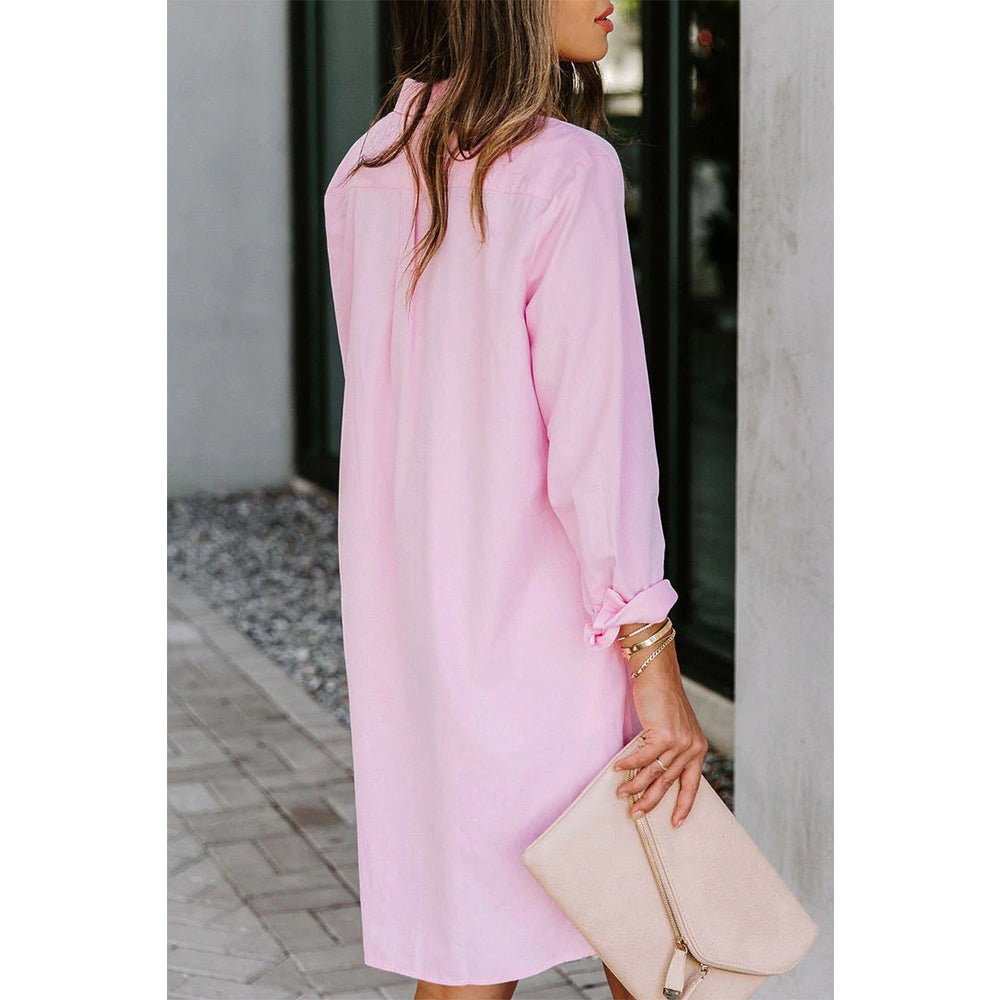 Attraco Women's Long Sleeve Button Front Midi Shirt Dress with Side Slits and Side Pockets