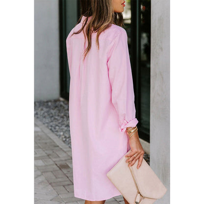 Attraco Women's Long Sleeve Button Front Midi Shirt Dress with Side Slits and Side Pockets