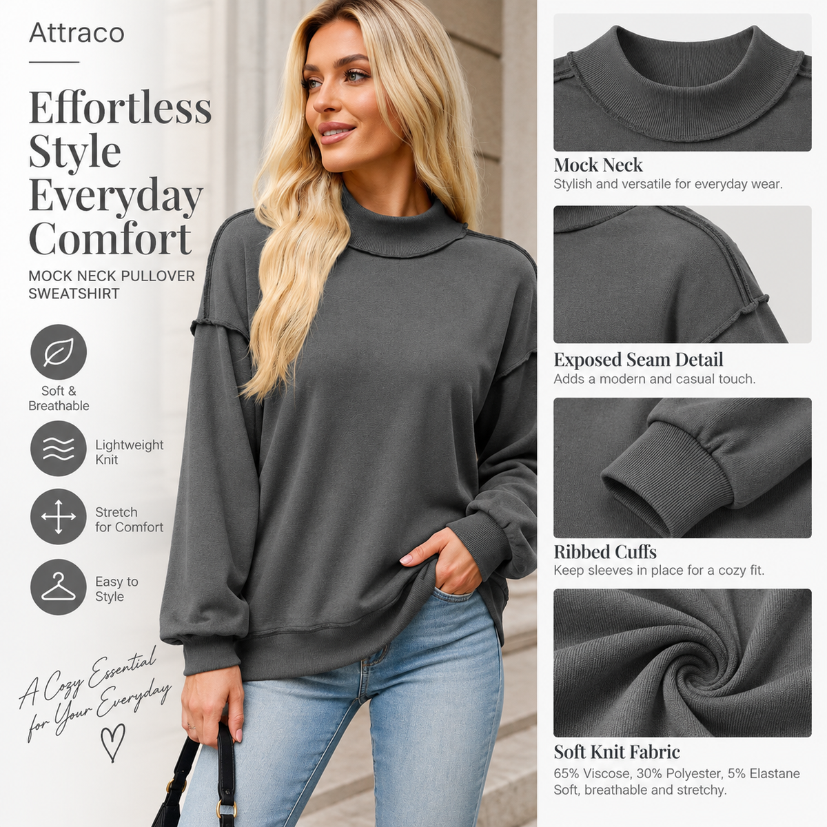 Attraco Women's Mock Neck Drop Shoulder Lightweight Knit Sweater with Exposed Seam Detail