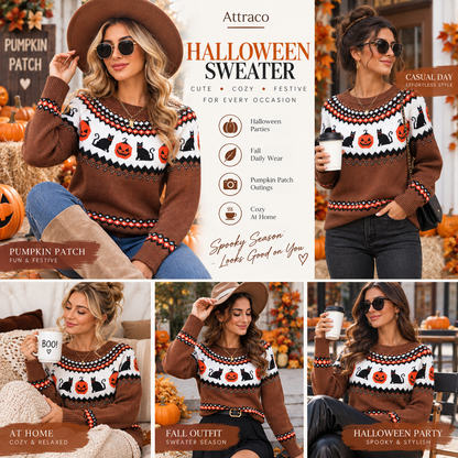 Attraco Women's Halloween Pumpkin & Black Cat Fair Isle Sweater Long Sleeve Crewneck Knit Pullover Fall Holiday Cozy Lightweight Sweater