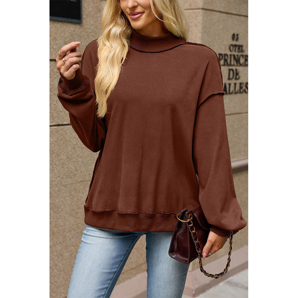 Attraco Women's Mock Neck Drop Shoulder Exposed Seam Long Sleeve Sweatshirt Pullover