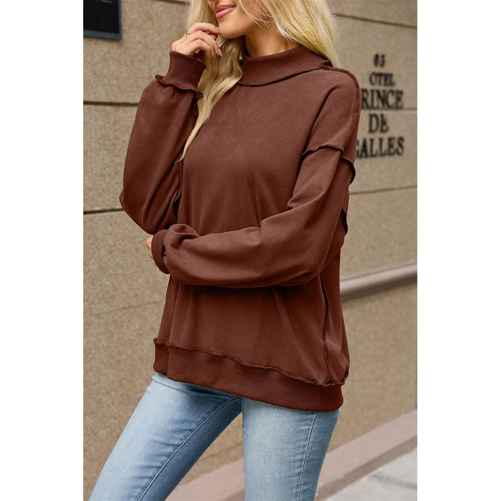 Attraco Women's Mock Neck Drop Shoulder Exposed Seam Long Sleeve Sweatshirt Pullover