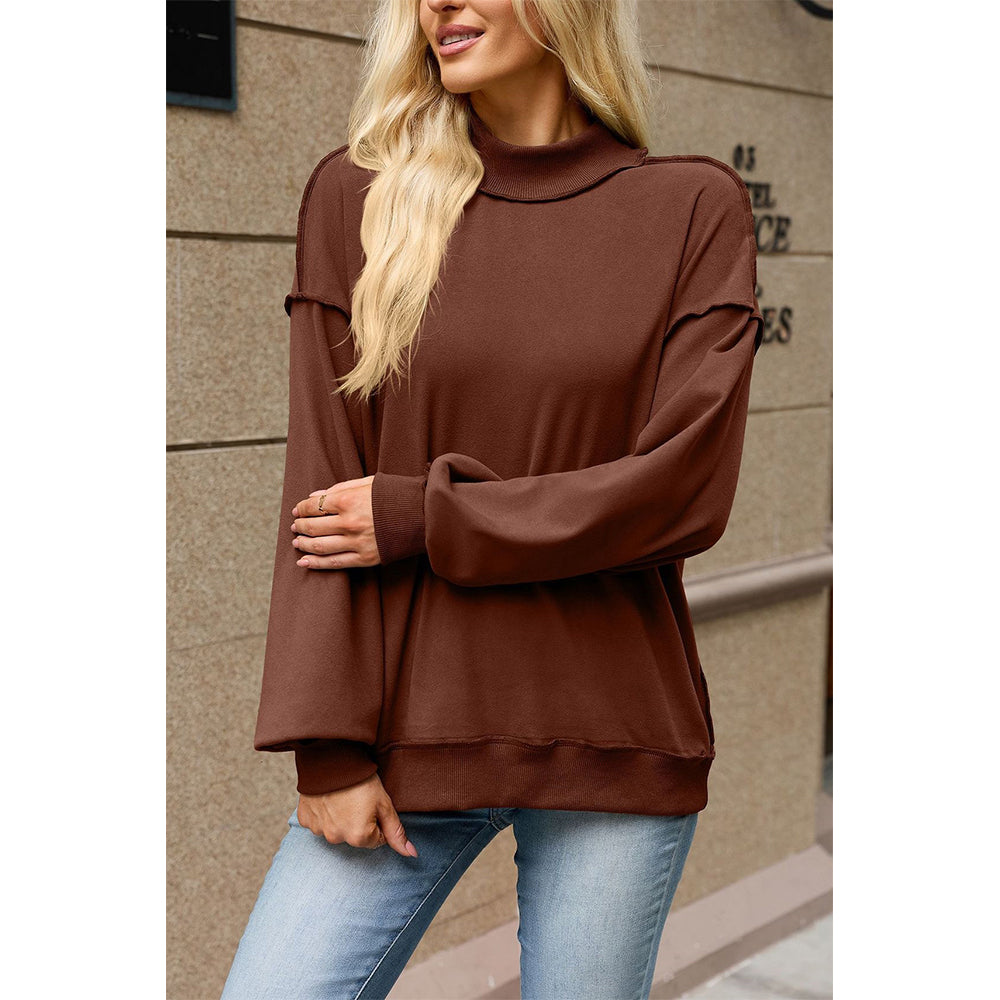Attraco Women's Mock Neck Drop Shoulder Exposed Seam Long Sleeve Sweatshirt Pullover